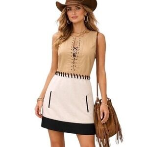Barbara Bui Womens Lace Up  Mini Dress Tan Cream Black Whipstitch Pocket 10/12